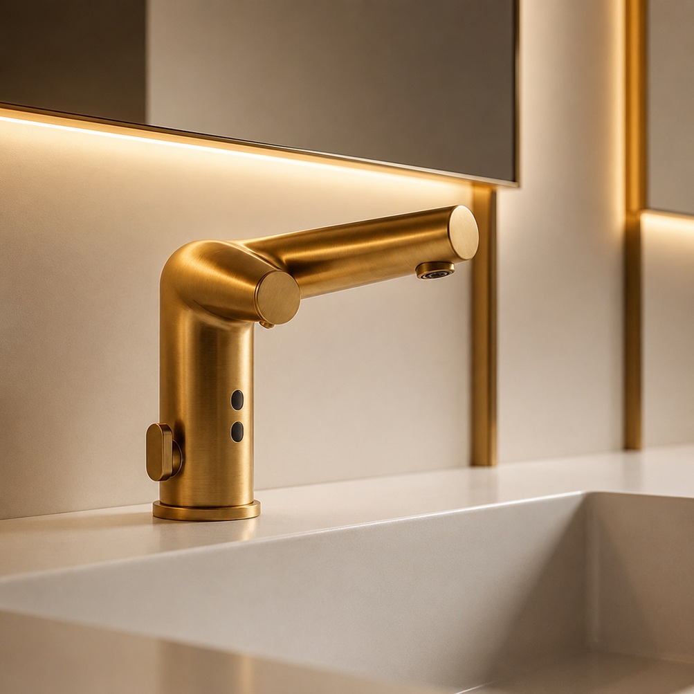 Brushed gold pivoting touchless faucet model with cylindrical body and side control detail installed on a modern white commercial restroom sink